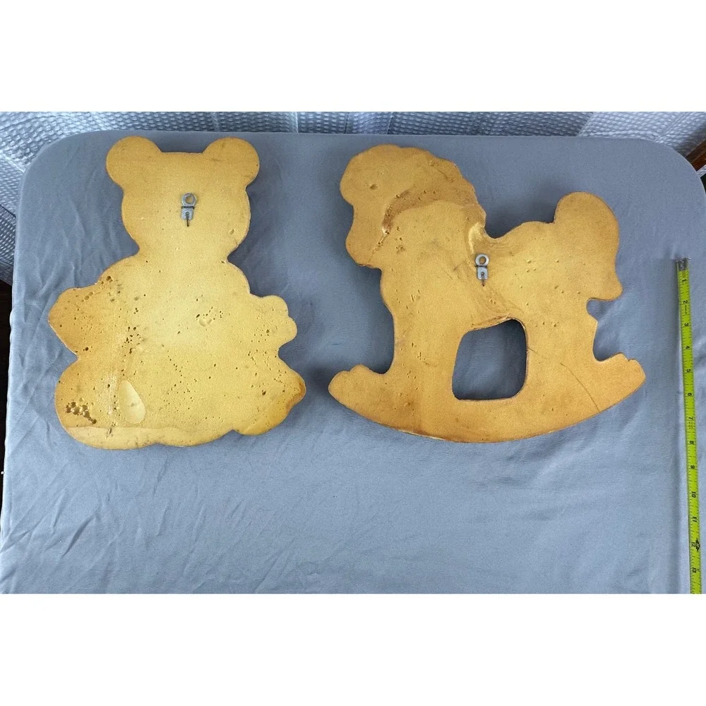 VINTAGE 1970'S Patchwork Rocking Horse & Bear Molded Foam Wall Hangings Set Of 2